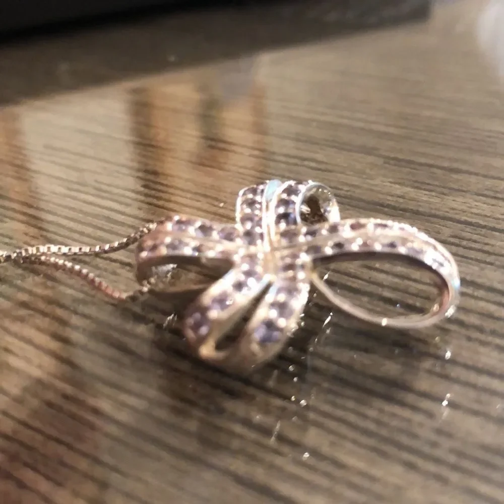 Vintage Loopy Bow Cross Necklace with Pale Purple Stones Sterling Silver